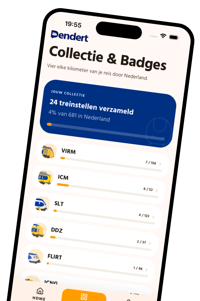 Dendert app toont collectie en badges: VIRM, ICM, SLT, DDZ, FLIRT met voortgang per treintype