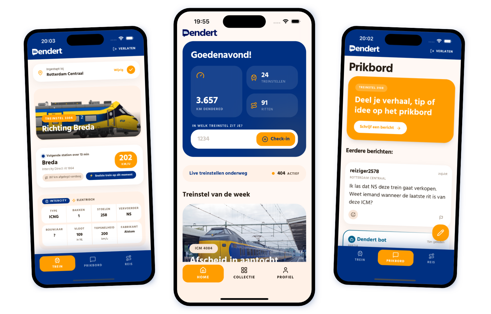 Dendert app op drie telefoons: treinstellen verzamelen, dashboard en prikbord
