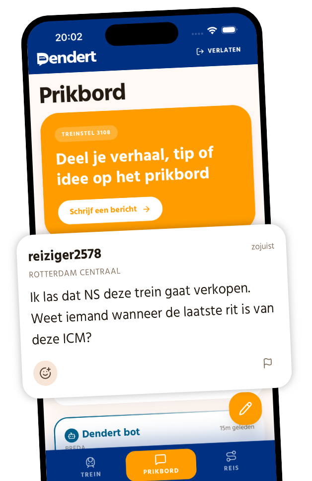 Dendert app toont prikbord met bericht van reiziger2578 en reactie van Dendert bot